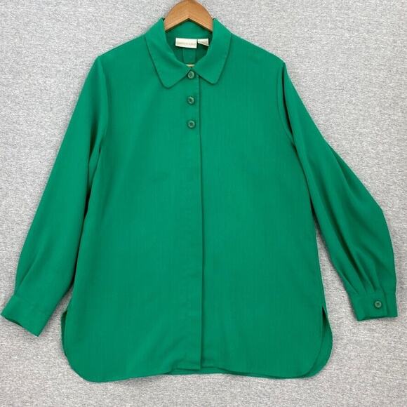 Christie & Jill Blouse Womens Large Green Button Up Long Sleeve Top Tunic Collar - Picture 1 of 15